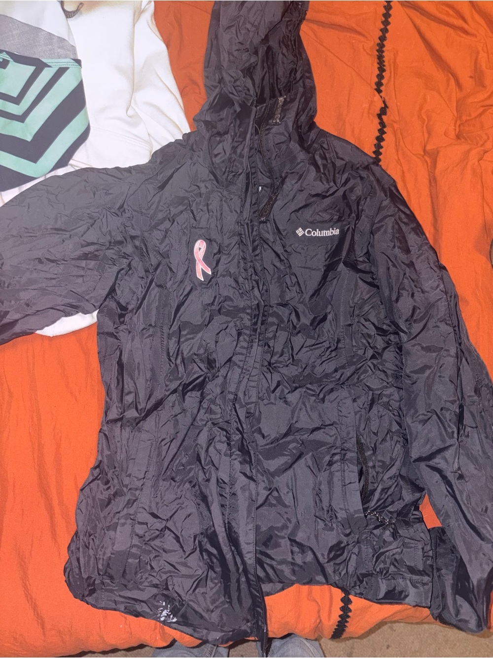 Columbia Women's Black Hooded Windbreaker with Pink Ribbon